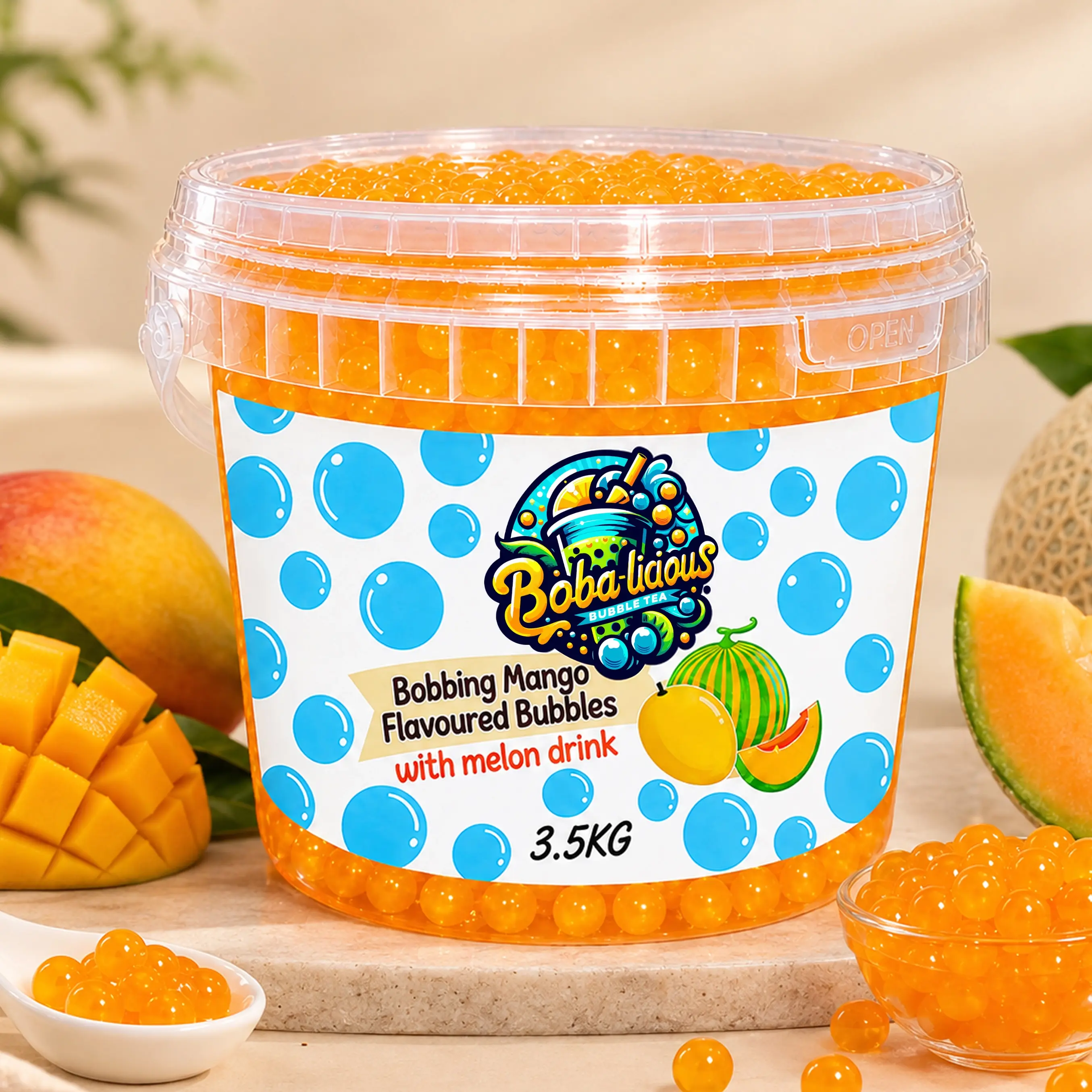 BUBBLE TEA Boba-licious 3.5 kg mango-flavoured popping boba bucket with melon drink, mango and melon.